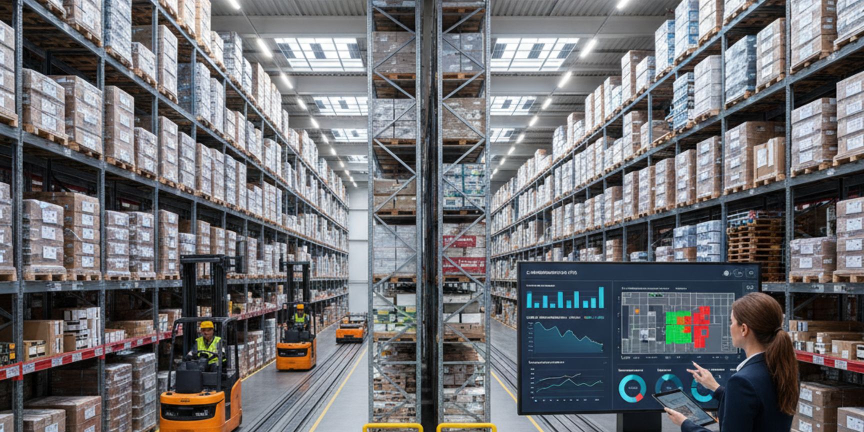 A modern, well-lit high-bay warehouse with multiple forklifts moving goods and a person monitoring logistics processes on a digital dashboard with warehouse metrics and graphs. This image symbolizes efficiency and data analysis in warehouse logistics